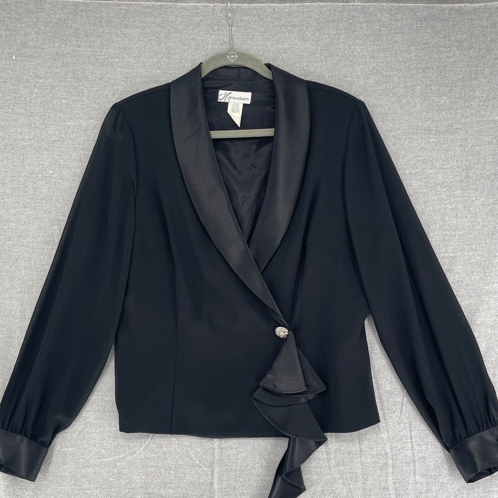 Vtg Black Satin Shawl Collar Evening Wrap Blazer Ruffle Cocktail Jacket Chic M